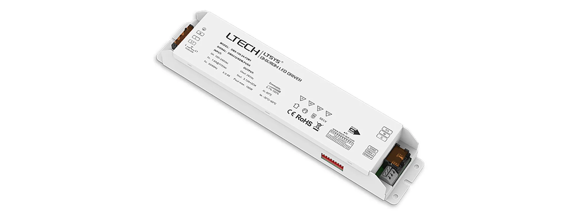 DMX512/RDM, Push Dim, PWM, 150W, C.Voltage Dimmable Driver, 24V 3.12A x 2CH, EFF>91%, 3yrs Warranty. DMX-150-24-F2M1  LTECH DMX Constant Voltage